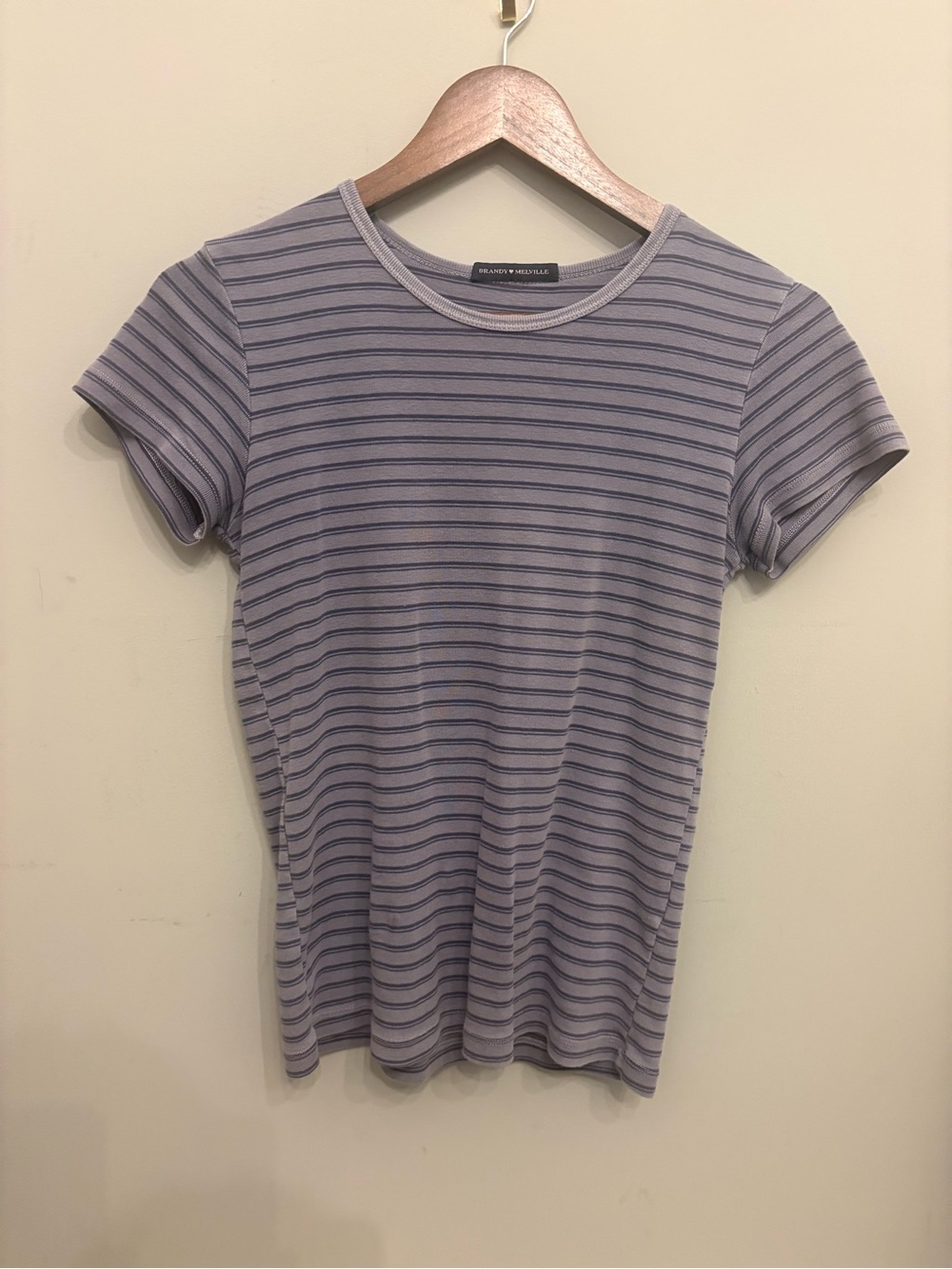 Brandy Melville Lavender and Navy Thin-Stripe Short Sleeve Tee